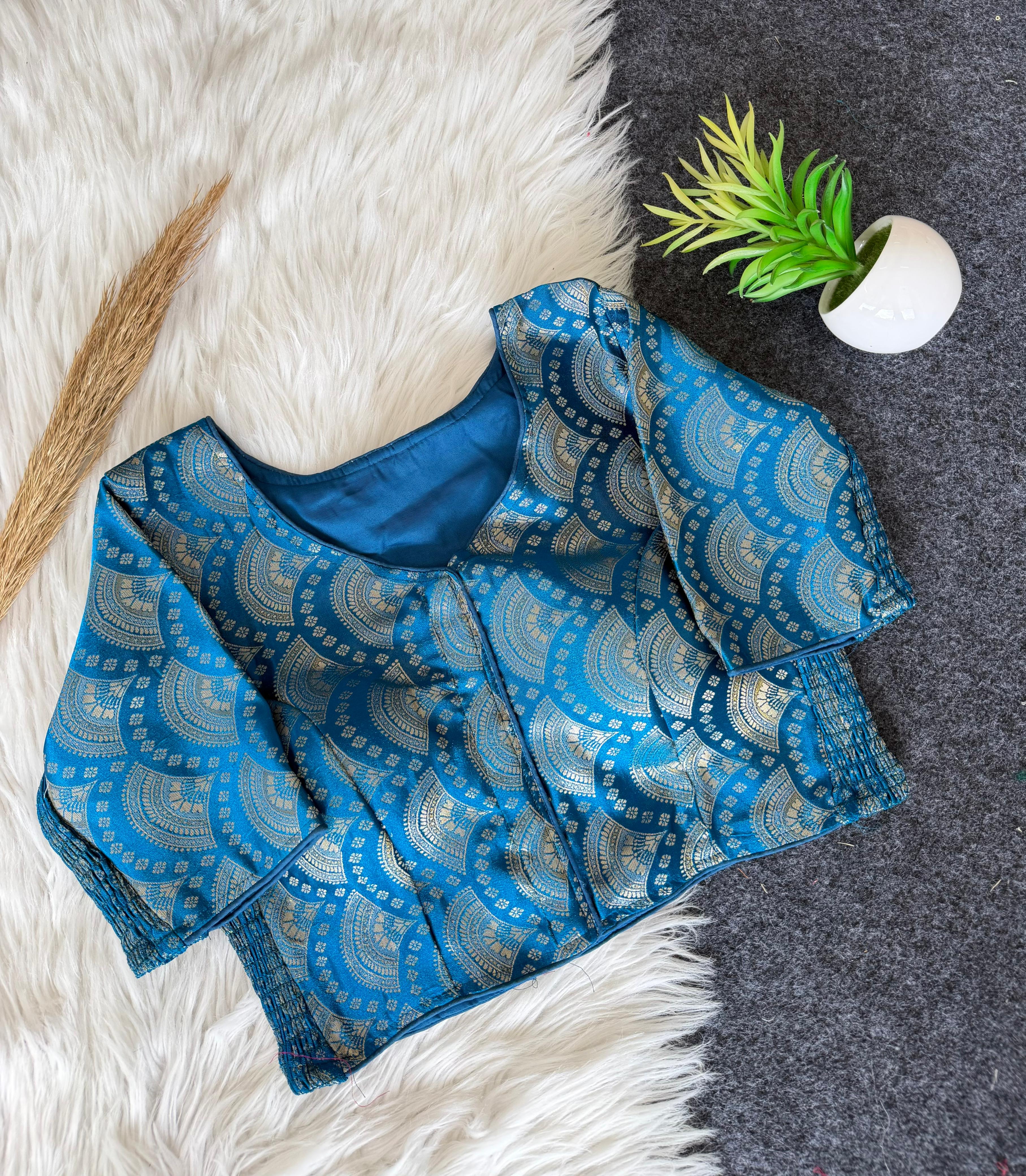 Side Elastic Banarasi Blouse - Teal